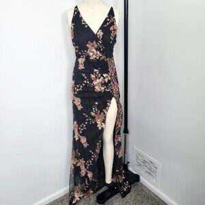 Simplee Black Rose Gold Sequin Lace Up Back Maxi Formal Dress